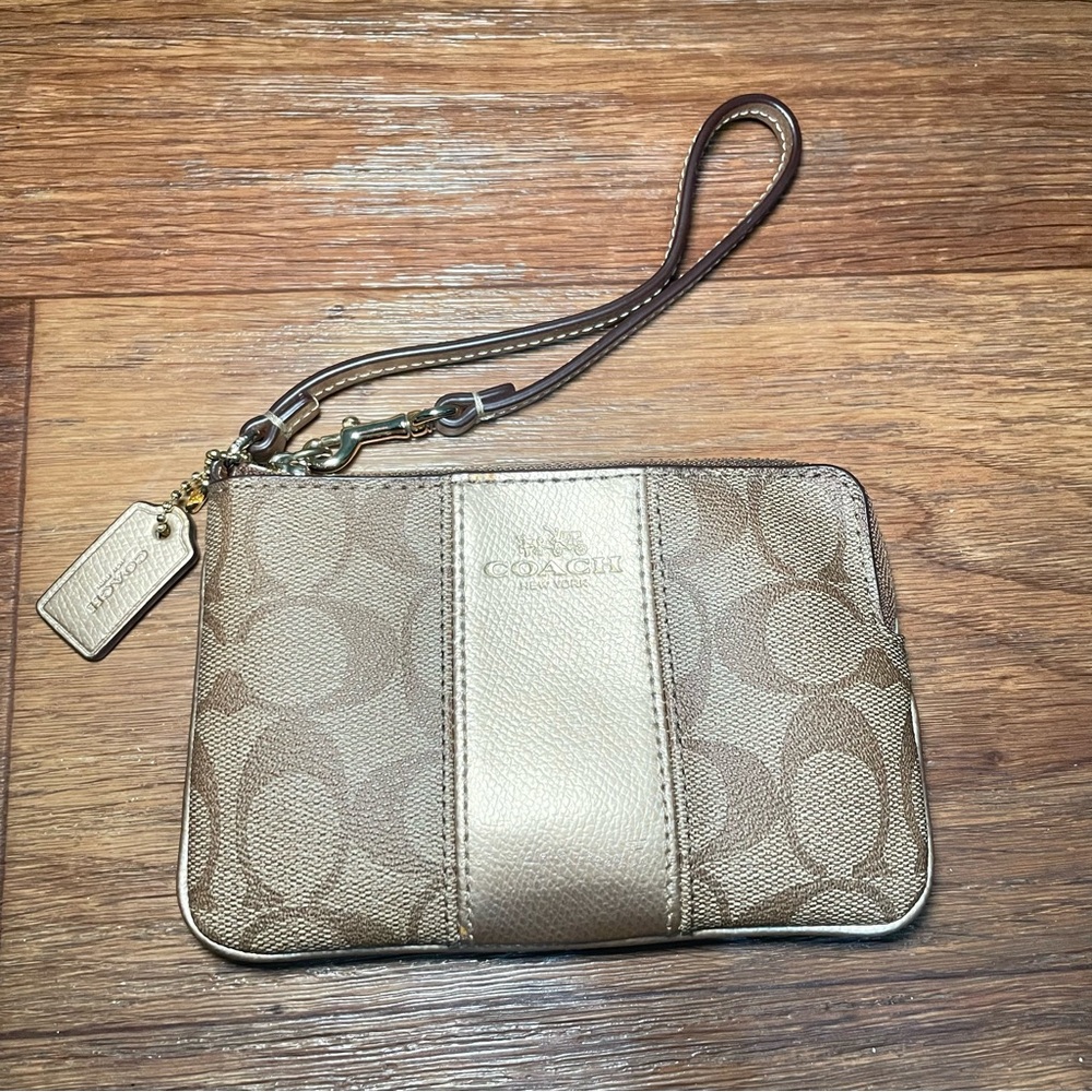 COACH Signature PVC Leather Small Wristlet-Khaki/Gold F64233